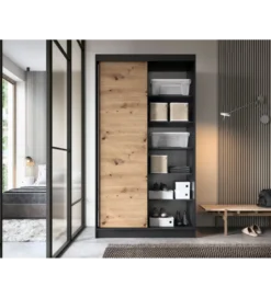 Szafa przesuwna II 120 cm z lustrem w optyce Dąb artisan/Czarny mat