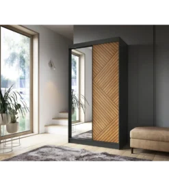 Szafa przesuwna Marrphy II 120 cm z lustrem czarny/dąb caramel