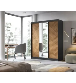 Szafa przesuwna Marrphy III z lustrem 180 cm czarny/dąb caramel