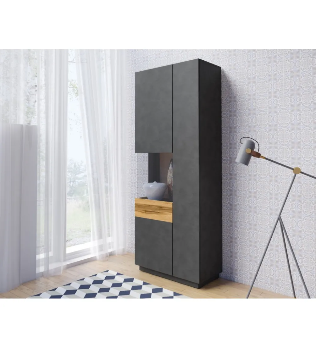 Witryna SILKE 80 Cm Antracytowa Z Dodatkiem Koloru Dąb Wotan