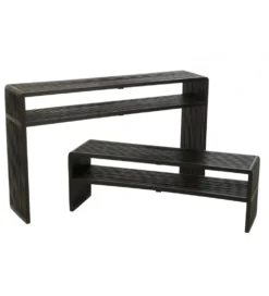Zestaw 2 konsol SHELFY 130 i 118 cm drewno teak czarna